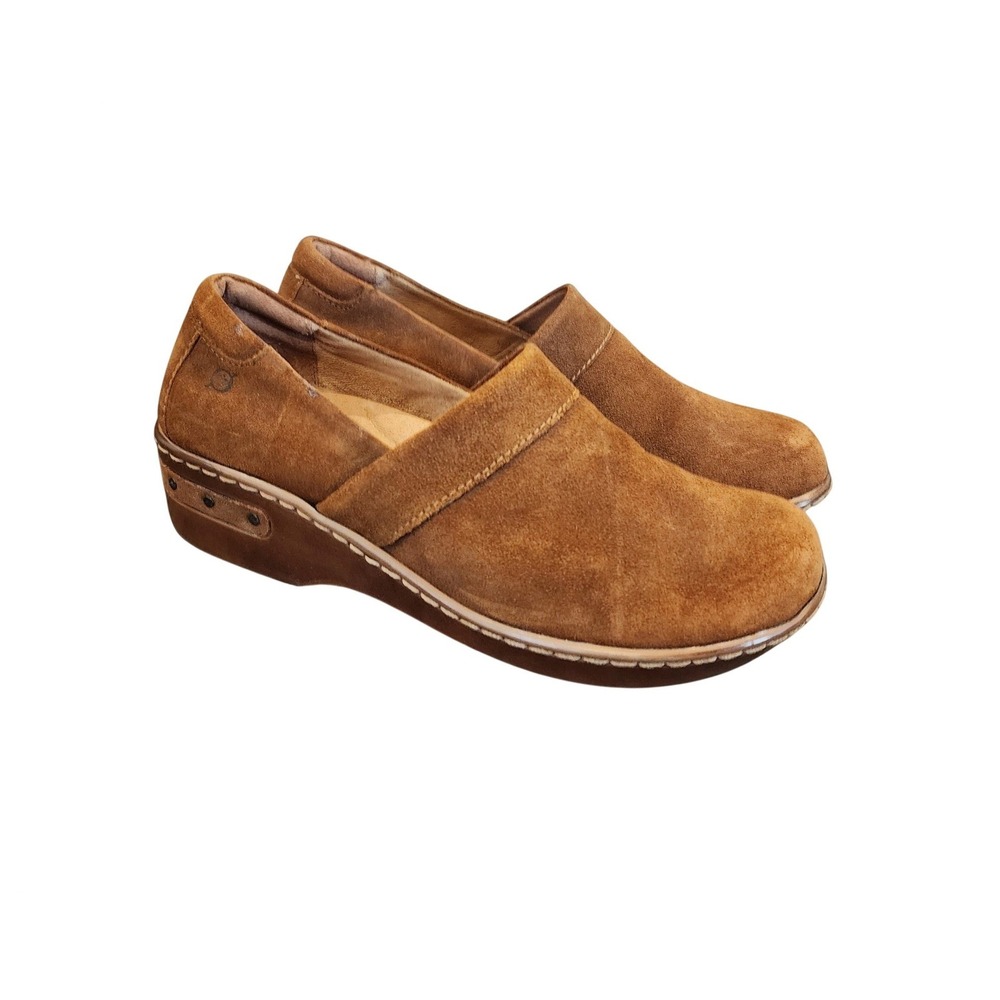 Born Bailie Brown Leather Clog Womens 7 EU38 Slip On Suede Comfort Studded Shoe